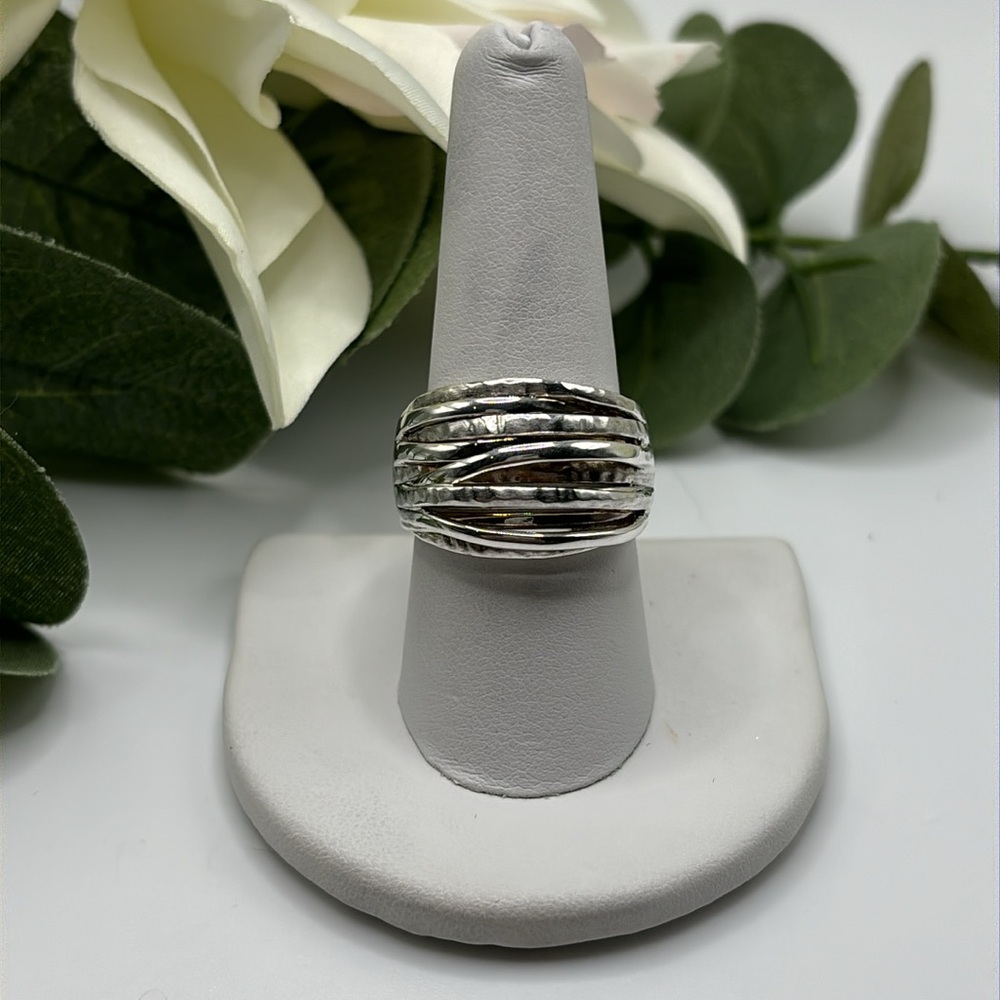PAJ 925 Sterling Silver Polished/Hammered Intertwined Dome Ring